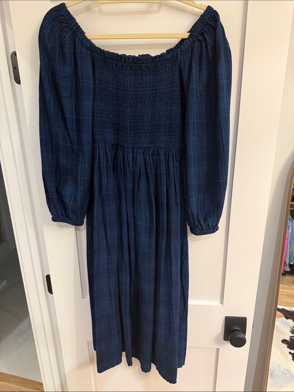 J. Crew Dark Navy Smocked Off-Shoulder Top